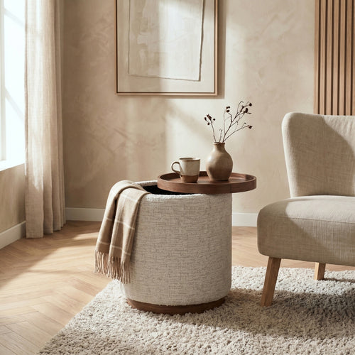 DÉJA Living Bijzettafel Marcia Beige/Walnoot – Rond – Met Opbergruimte – Essenfineer en Stof – 40x40x44 cm