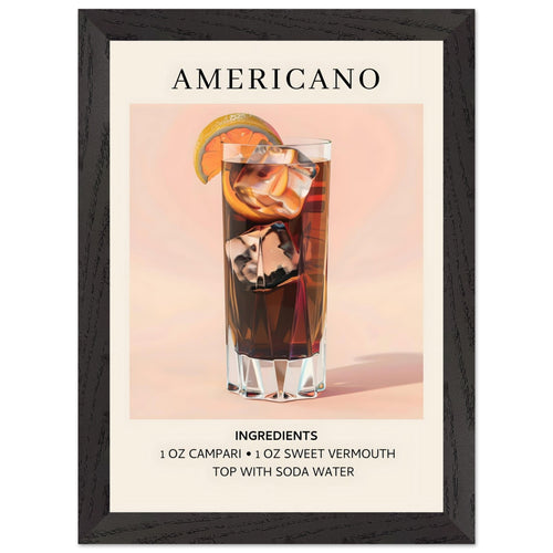 Artfulprints Poster met Lijst Americano cocktail - Ingrediënten   - A4 21x29.7 cm - Roze