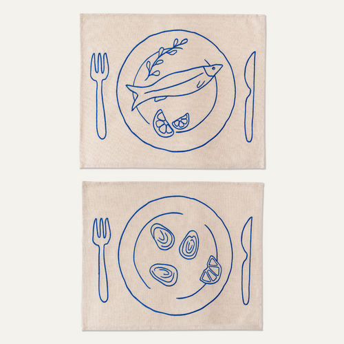 Kulu Club placemats - bord met vis/oesters - linnenmix - set van 2 - vtwonen shop