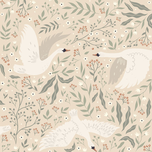 ESTAhome behang zwanen beige, wit en vergrijsd groen - 53 cm x 10.05 m - 139797
