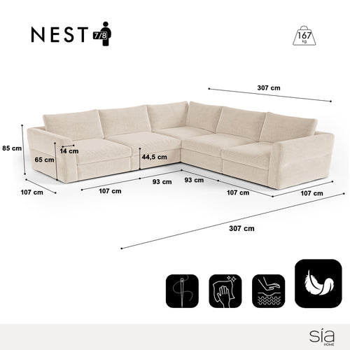 Sia Home - Modulaire panoramische hoekbank links NEST - Zacht aanvoelende geweven stof - Beige - 307cm