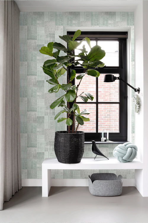 ESTAhome behang Marrakech kelim patchwork tapijt vergrijsd mintgroen - 53 cm x 10.05 m - 148650