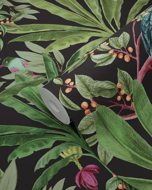 ESTAhome behang tropische jungle bladeren zwart en jungle groen - 53 cm x 10.05 m - 139190