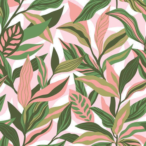 ESTAhome behang tropische bladeren groen en roze - 50 x 900 cm - 131041 - vtwonen shop