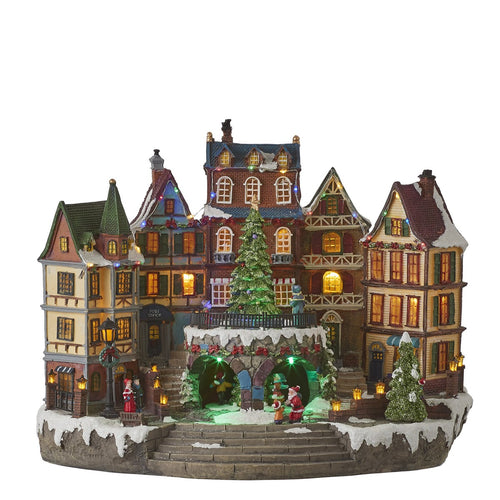 Luville Kerstdorp Miniatuur Dorpsplein - Kerstversiering met Draaiende Kerstboom - Kerstslingers voor Sfeervolle Aankleding - Kerst Deco Dorpje - L42