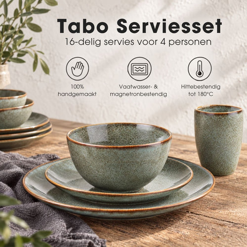 Mica Decorations Tabo Serviesset 16-Delig Groen - Keramische Borden voor 4 Personen - Complete Set met Mokken en Schaaltjes - Handgemaakt Botanisch