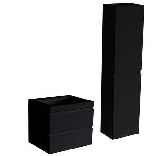 LOMAZOO badmeubelset Avalon - met hoge kast & zwarte wastafel - mat zwart - 60 cm