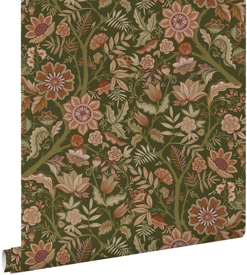 ESTAhome behang vintage bloemen donkergroen en terracotta bruin - 53 cm x 10.05 m - 131334