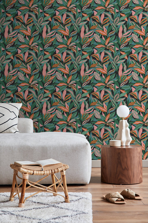 ESTAhome behang tropische bladeren turquoise, roze en oranje - 50 x 900 cm - 131046 - vtwonen shop