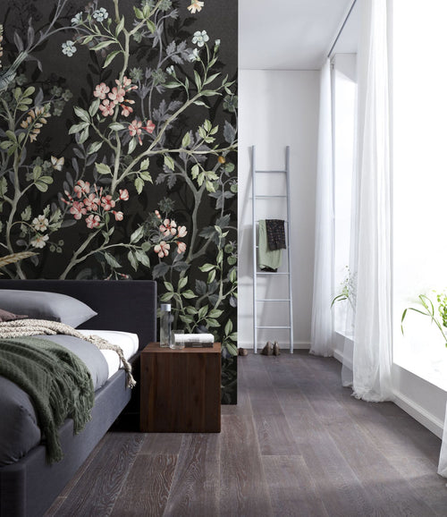 Komar fotobehang bloemen en vogels zwart - 200 x 250 cm - 611177