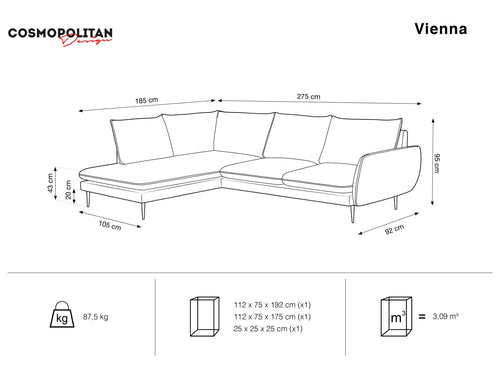 Cosmopolitan Design linker hoekbank Vienna 6-zits, flueel, donkerblauw - 185x275x95cm