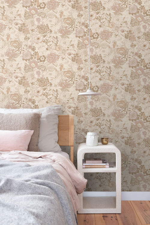 ESTAhome behang vintage bloemen beige en oudroze - 53 cm x 10.05 m - 139763