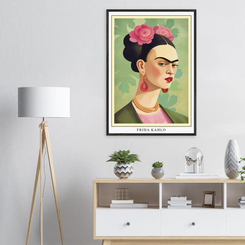 Artfulprints Poster met Lijst Frida Kahlo - Floral icon portrait   - 50x70 cm - Groen