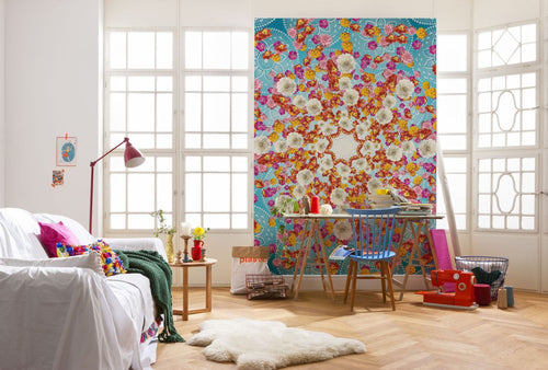 Sanders & Sanders fotobehang caleidoscope bloemen blauw, roze en geel - 184 x 254 cm - 612301