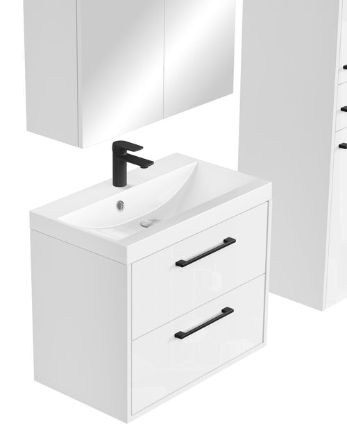 Badplaats Badkamermeubel Set Florence 60 cm – Hoogglans Wit – Hangend Badmeubel met Wastafel, Spiegelkast en Zijkast