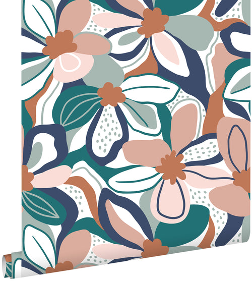 ESTAhome behang bloemmotief zacht roze, terracotta en blauw - 50 x 900 cm - 139630 - vtwonen shop