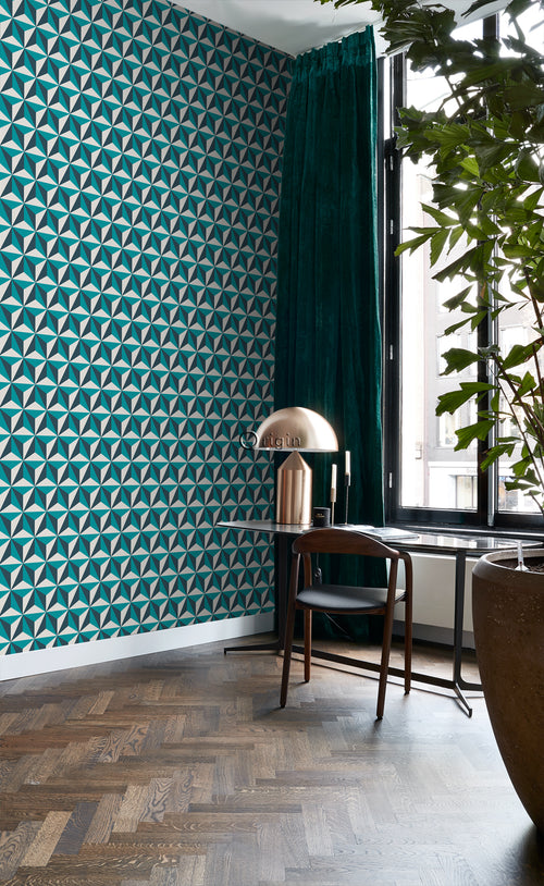 Origin Wallcoverings behang grafisch 3D motief turquoise - 53 cm x 10,05 m - 347449 - vtwonen shop