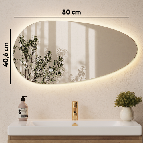 LOMAZOO badkamerspiegel Adana - organisch - met LED verlichting & spiegelverwarming - asymmetrisch - 80 x 40.6 cm