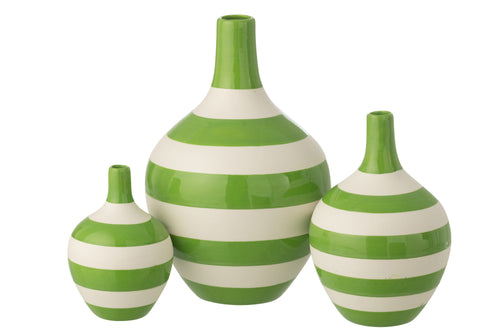 J-Line vaas Gestreept - porselein - wit/groen - set van 3