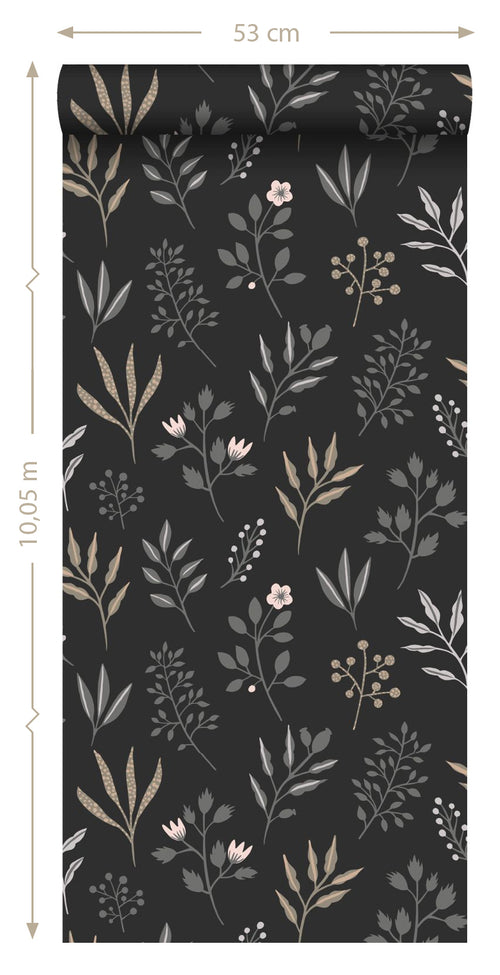 ESTAhome behang bloemmotief in Scandinavische stijl zwart - 53 cm x 10.05 m - 139083 - vtwonen shop