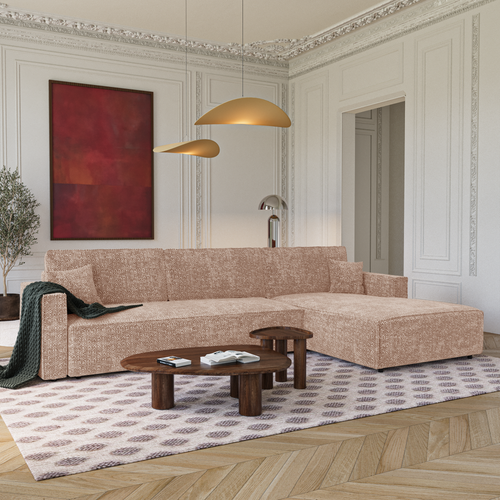 Premium Interiors - Rechthoekige hoekbank met slaapfunctie en opbergruimte  - stof met tweed-effect beige 297cm