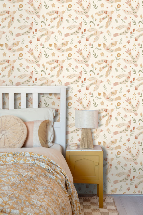 ESTAhome behang bloemen en vogels beige - 50 x 900 cm - 131754