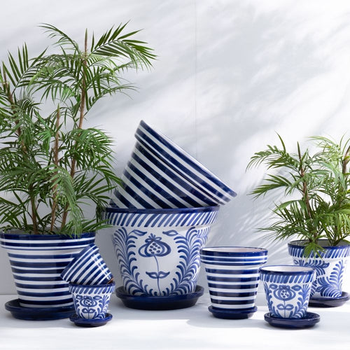 J-Line bloempot Granada Stripes Handmade + Painted - keramiek - blauw - small -  Ø 21 cm