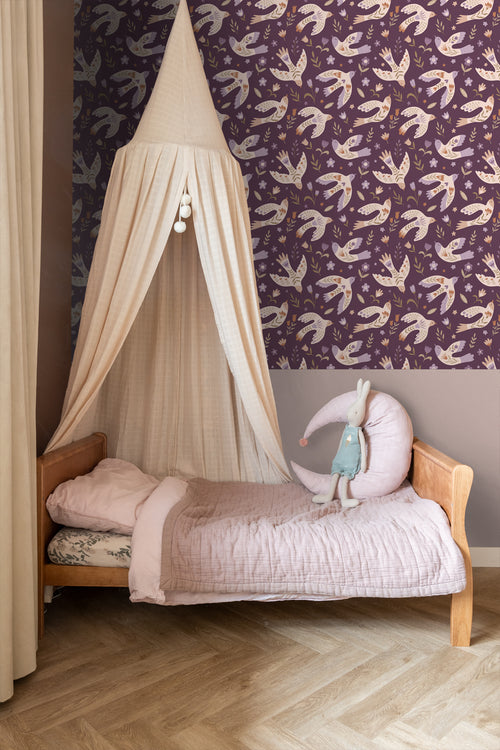 ESTAhome behang bloemen en vogels paars - 50 x 900 cm - 131757