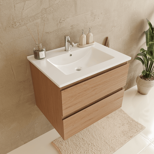 LOMAZOO badmeubelset Verona - met hoge kast & witte wastafel - licht eiken - 60 cm