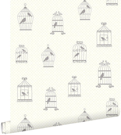 ESTAhome behang getekende vogelkooitjes zilver - 53 cm x 10.05 m - 137339