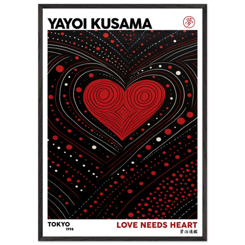 Artfulprints Poster met Lijst Yayoi Kusama - Love needs heart   - 70x100 cm - Zwart
