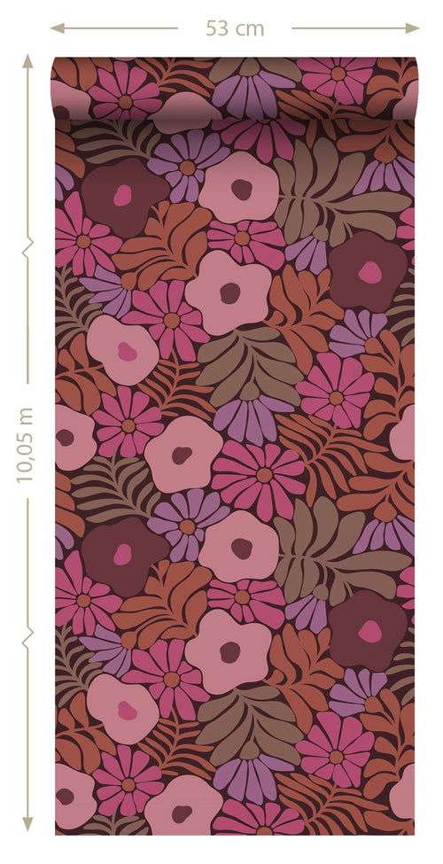 ESTAhome behang bloemen in Matisse stijl roze, paars en terracotta - 50 x 900 cm - 131136 - vtwonen shop