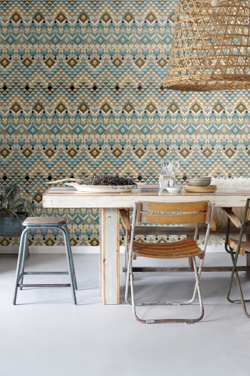 ESTAhome XXL behang Aztec-motief turquoise, beige en zeegroen - 50 x 900 cm - 158601