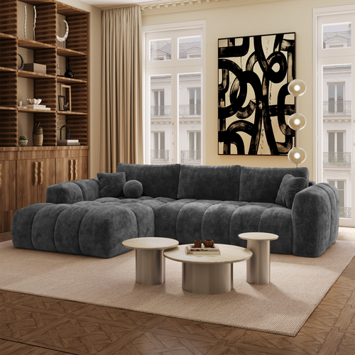 Premium Interiors - Linkshoekbank met slaapfunctie en opbergruimte SKY - gewaafd fluweel leisteengrijs 310cm