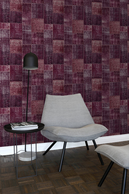 ESTAhome behang Marrakech kelim patchwork tapijt bordeaux rood - 53 cm x 10.05 m - 148653