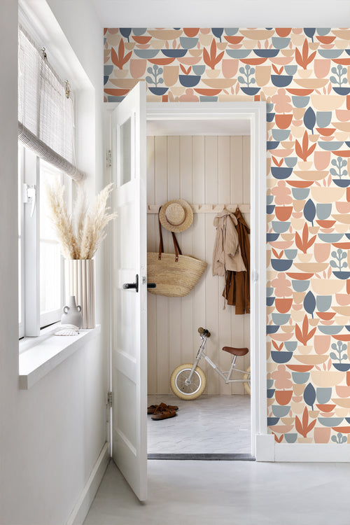 ESTAhome behang aardewerk en planten terracotta en blauw - 50 x 900 cm - 131073 - vtwonen shop