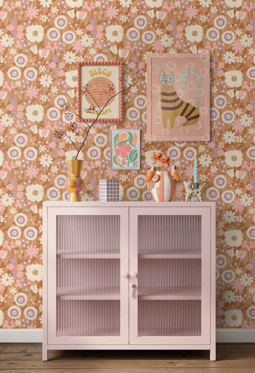 ESTAhome behang retro bloemen terracotta bruin, roze en paars - 50 x 900 cm - 132161