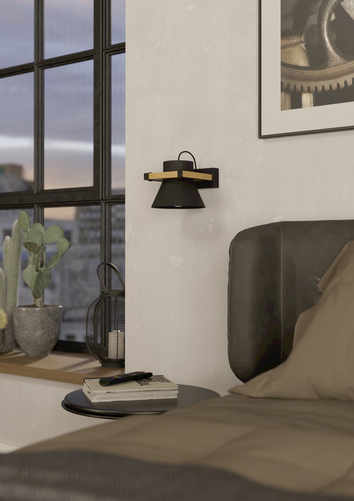 EGLO wandlamp Maccles - e27 - 18 cm - zwart/bruin - hout