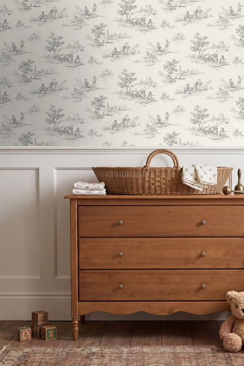 ESTAhome behang toile de jouy print grijs - 50 x 900 cm - 132106