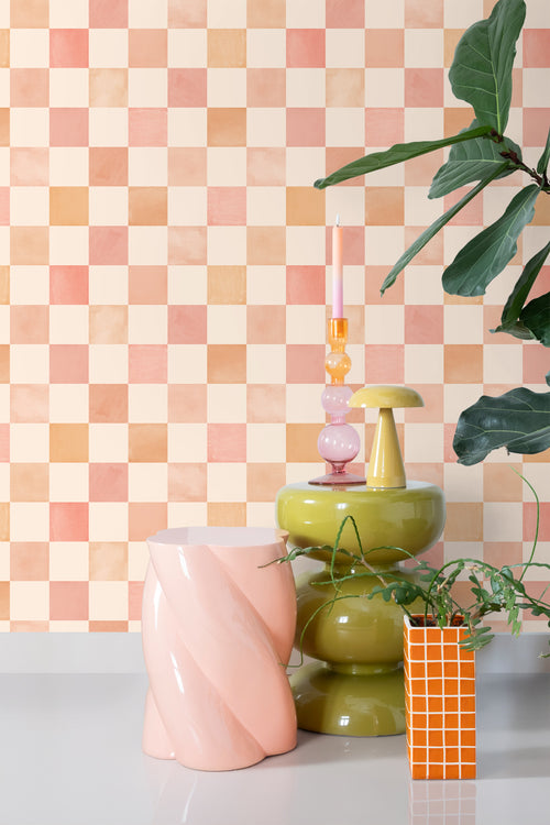 ESTAhome behang geblokt motief beige, oranje en roze - 50 x 900 cm - 131719