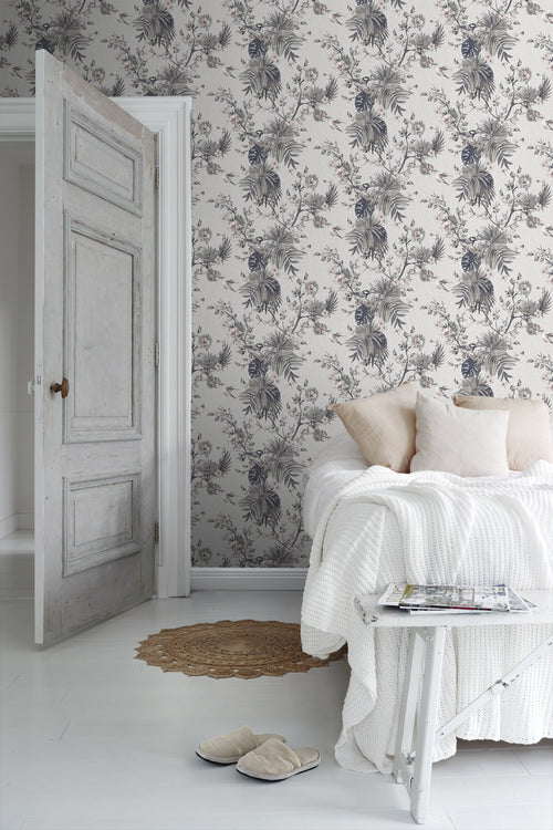 Sanders & Sanders behang tropische jungle bladeren en paradijsvogels grijs - 53 cm x 10 m - 640004