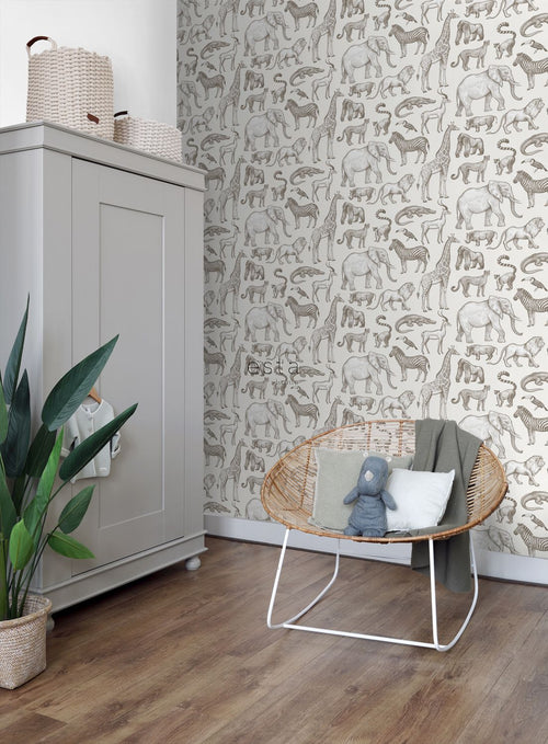 ESTAhome behang jungle dieren gebroken wit - 53 cm x 10.05 m - 139510