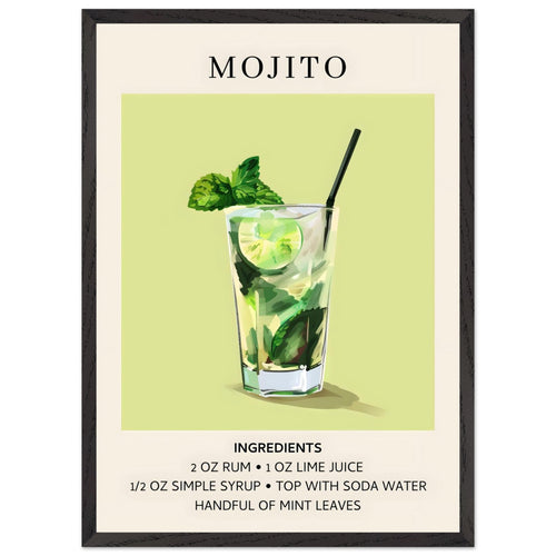 Artfulprints Poster met Lijst Mojito cocktail - Ingrediënten   - 50x70 cm - Groen