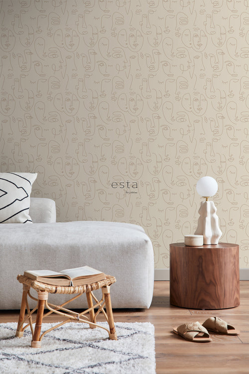 ESTAhome behang line art gezichten lichtbeige - 50 x 900 cm - 139374
