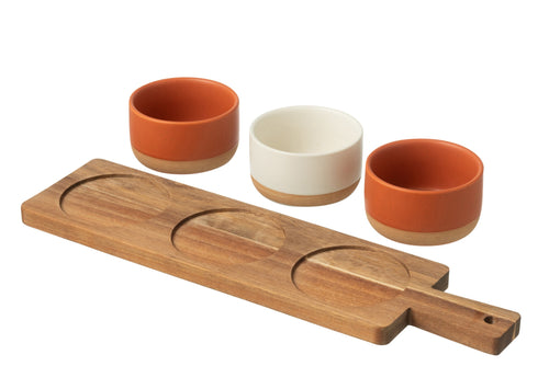 J-Line tapasplank 3 kommen + bambouschaal In Doos - keramiek/hout - wit/oranje