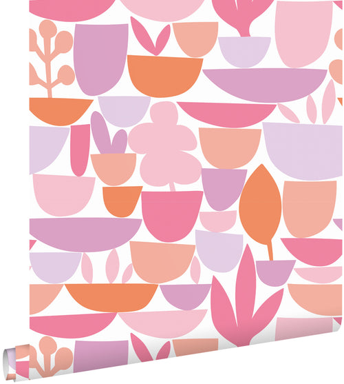 ESTAhome behang aardewerk en planten roze, paars en oranje - 50 x 900 cm - 131075 - vtwonen shop