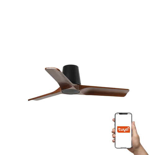 Faro Heywood Tub Kleine plafondventilator met 3 bladen, matzwart, walnoot, Tuya Smart System