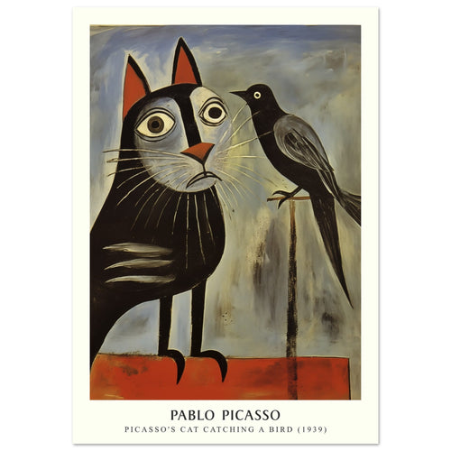 Artfulprints Poster met Lijst Pablo Picasso - Picasso's cat catching a bird   - 70x100 cm - Grijs