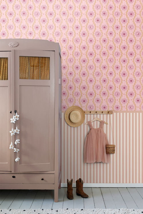 ESTAhome behang zonnetjes paars, roze en geel - 50 x 900 cm - 131712