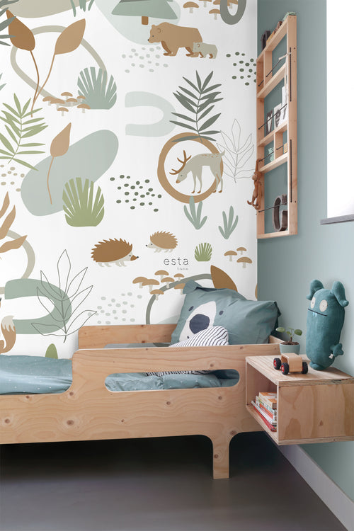 ESTAhome fotobehang bos met bosdieren vergrijsd groen en beige - 200 x 279 cm - 159256 - vtwonen shop